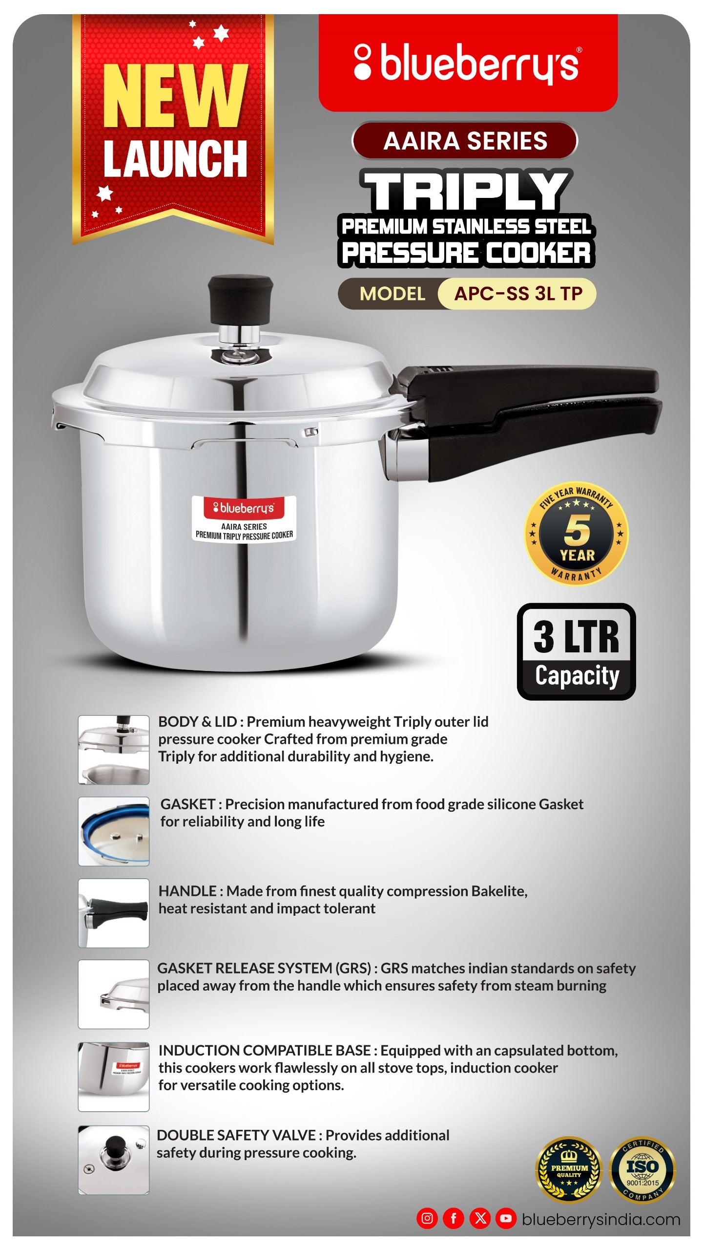 Blueberry's Premium Triply Stainless Steel 5-Liter Pressure Cooker