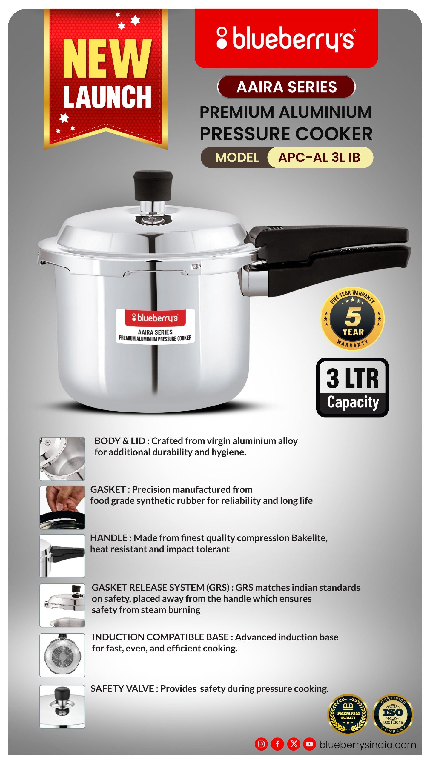Blueberry's Premium 3-Liter Pressure Cooker