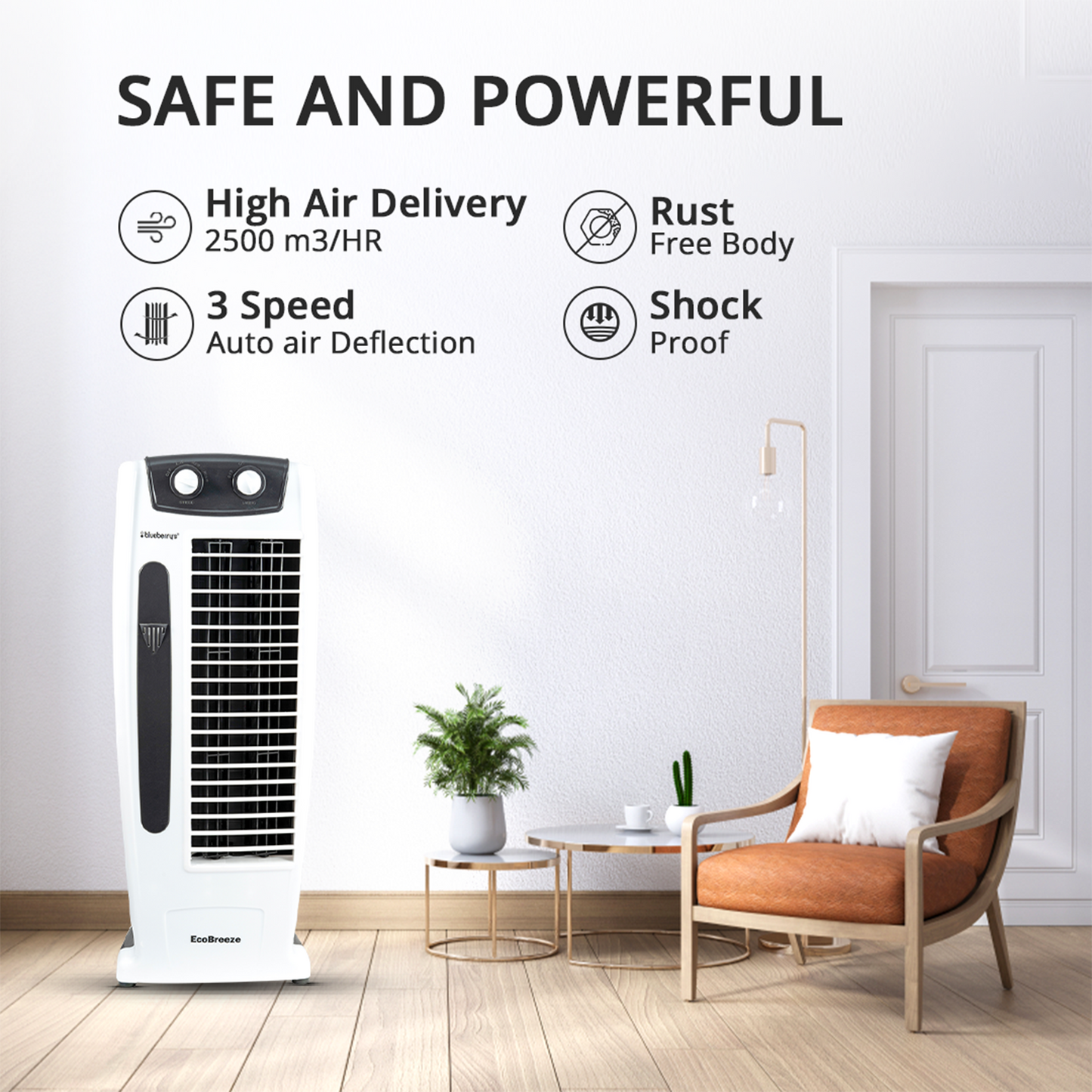 Blueberry's Tower Fan, Powerful Air Throw,4-Way Air Flow,25 Feet Air Delivery