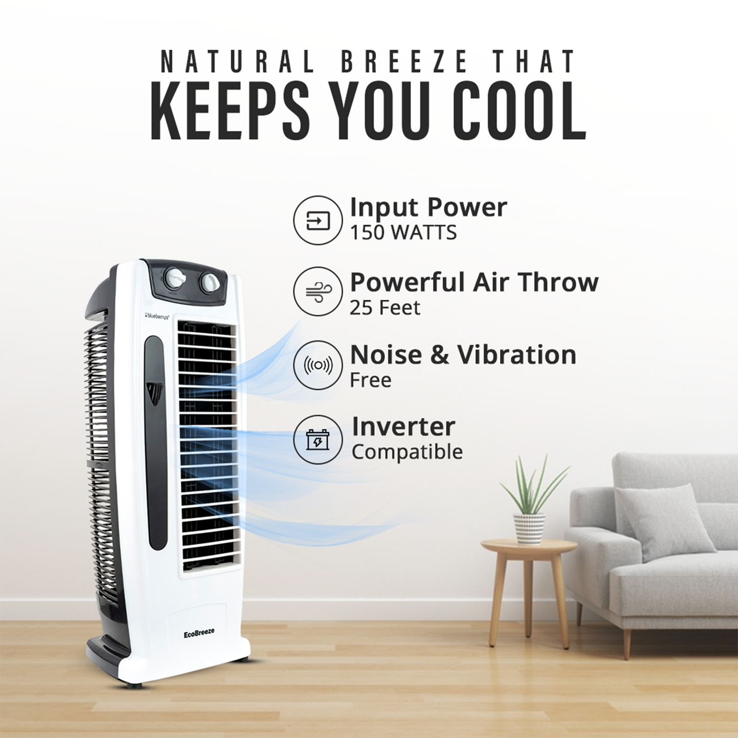 Blueberry's Tower Fan, Powerful Air Throw,4-Way Air Flow,25 Feet Air Delivery