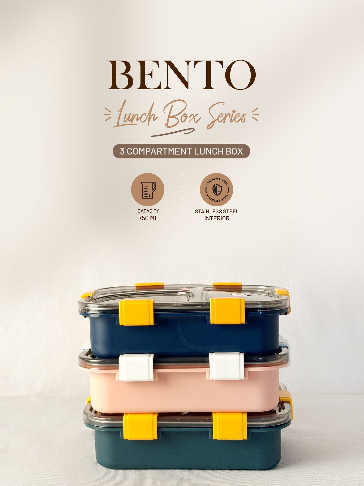 ATTRO Bento 3-Compartment Steel Lunch Box with Heating & Water Insulation, Leak-Proof