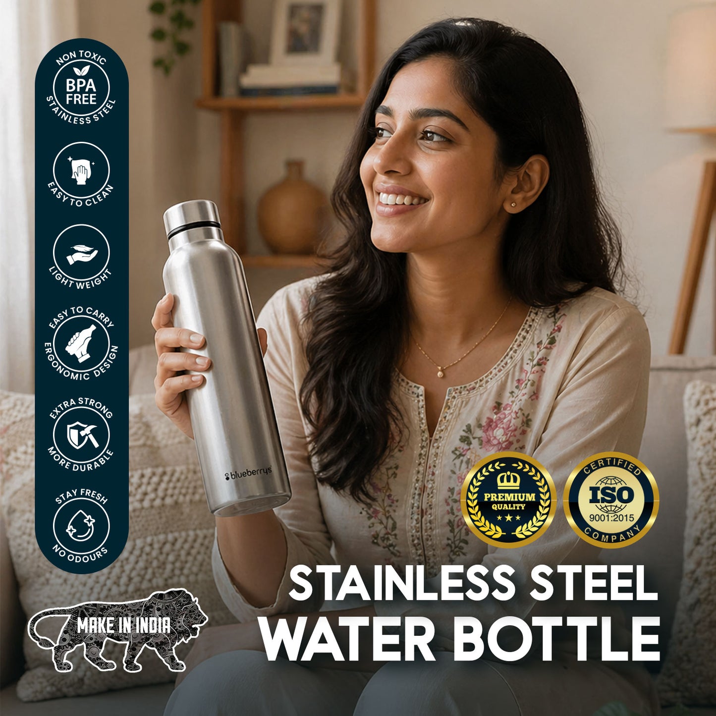 Blueberry's Premium 1000-ml Stainless Steel Water Bottle