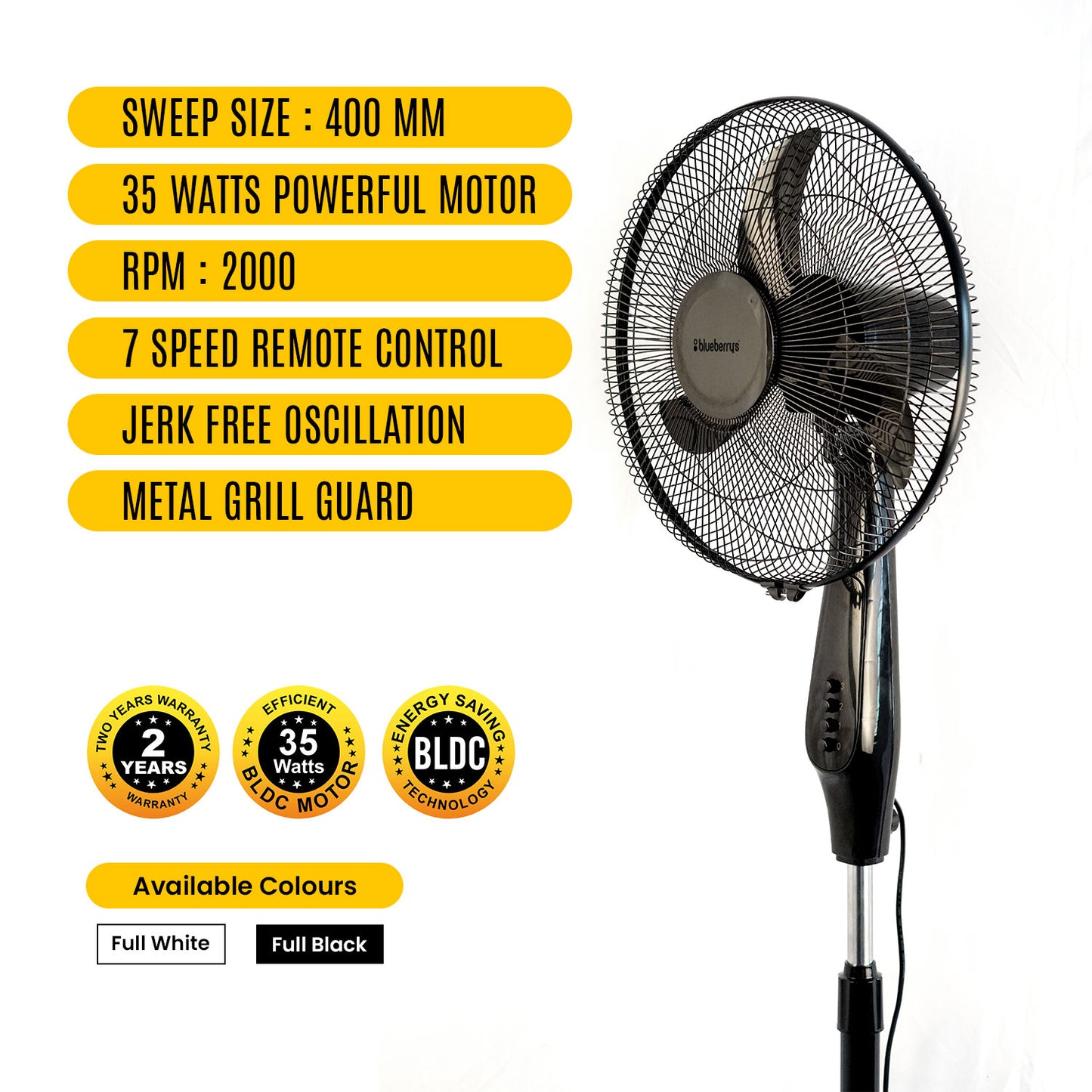 Blueberry's BLDC 35-Watts 400-mm 16" 3-Leaft, Metal Gril Wall Fan with Remote