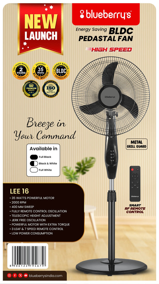 Blueberry's 35-Watts 400-mm 16" 3-Leaft Metal BLDC Wall Fan with Remote