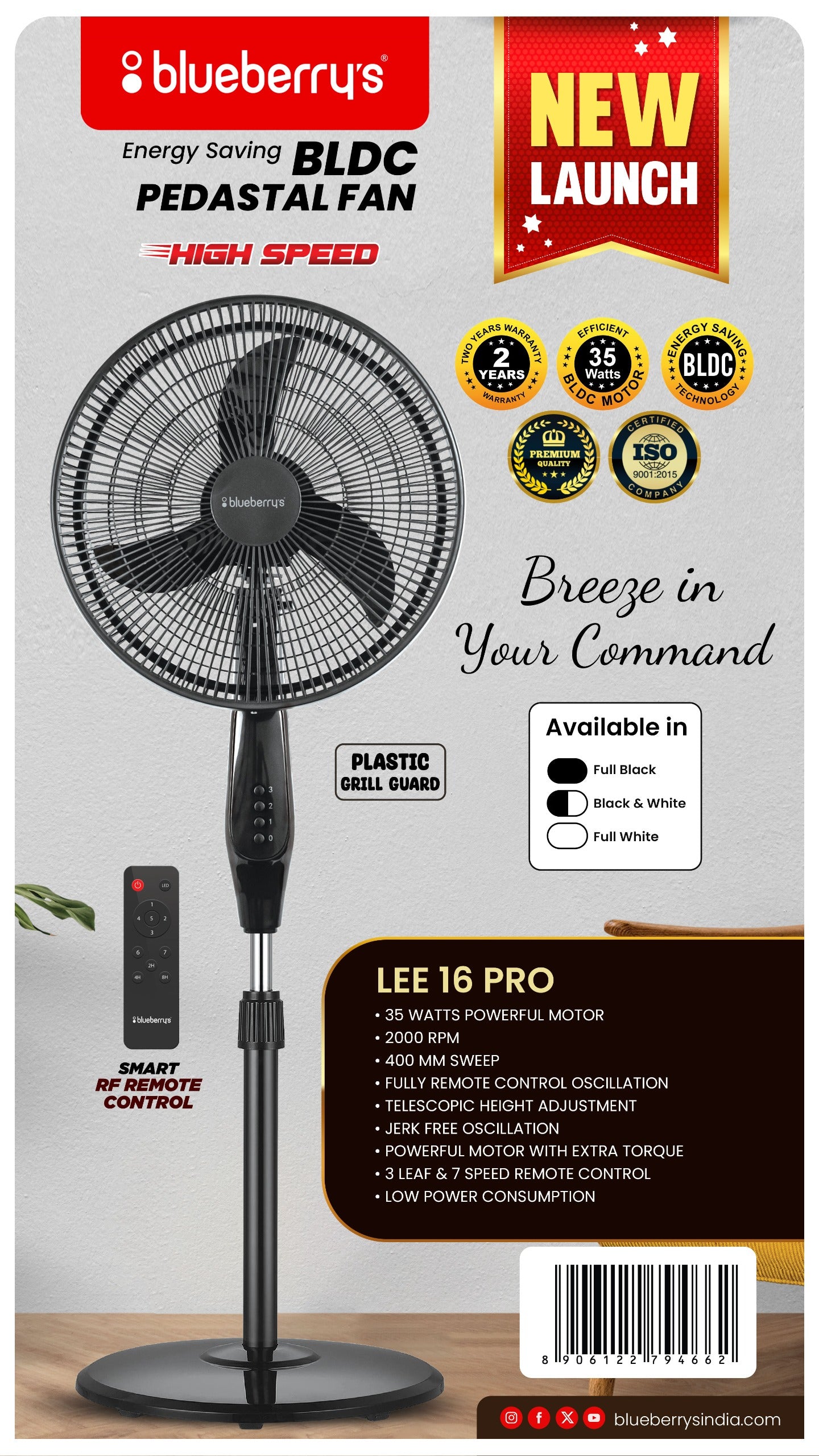 Blueberry's 35-Watts 400-mm 16" 3-Leaft Plastic BLDC Wall Fan with Remote