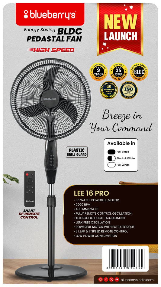 Blueberry's 35-Watts 400-mm 16" 3-Leaft Plastic BLDC Wall Fan with Remote
