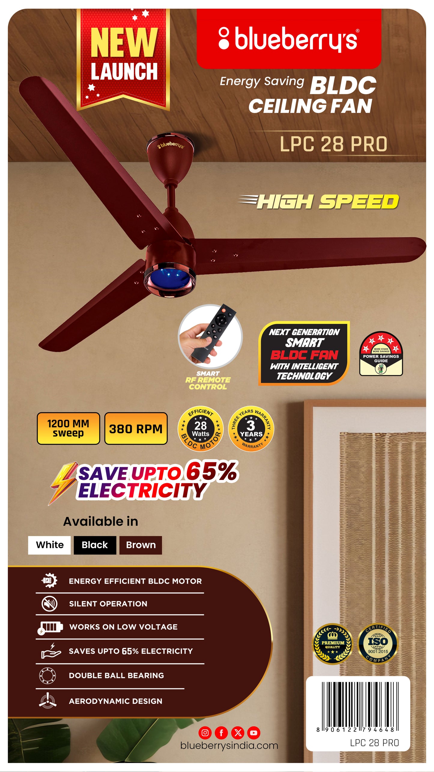 𝖡𝗅𝗎𝖾𝖻𝖾𝗋𝗋𝗒'𝗌 1200𝗆𝗆 𝖡𝖫𝖣𝖢 𝖢𝖾𝗂𝗅𝗂𝗇𝗀 𝖥𝖺𝗇 𝗐𝗂𝗍𝗁 𝖱𝖾𝗆𝗈𝗍𝖾, 𝖫𝖤𝖣 𝖫𝗂𝗀𝗁𝗍, 𝖡𝖤𝖤 5-𝖲𝗍𝖺𝗋 𝖱𝖺𝗍𝖾𝖽