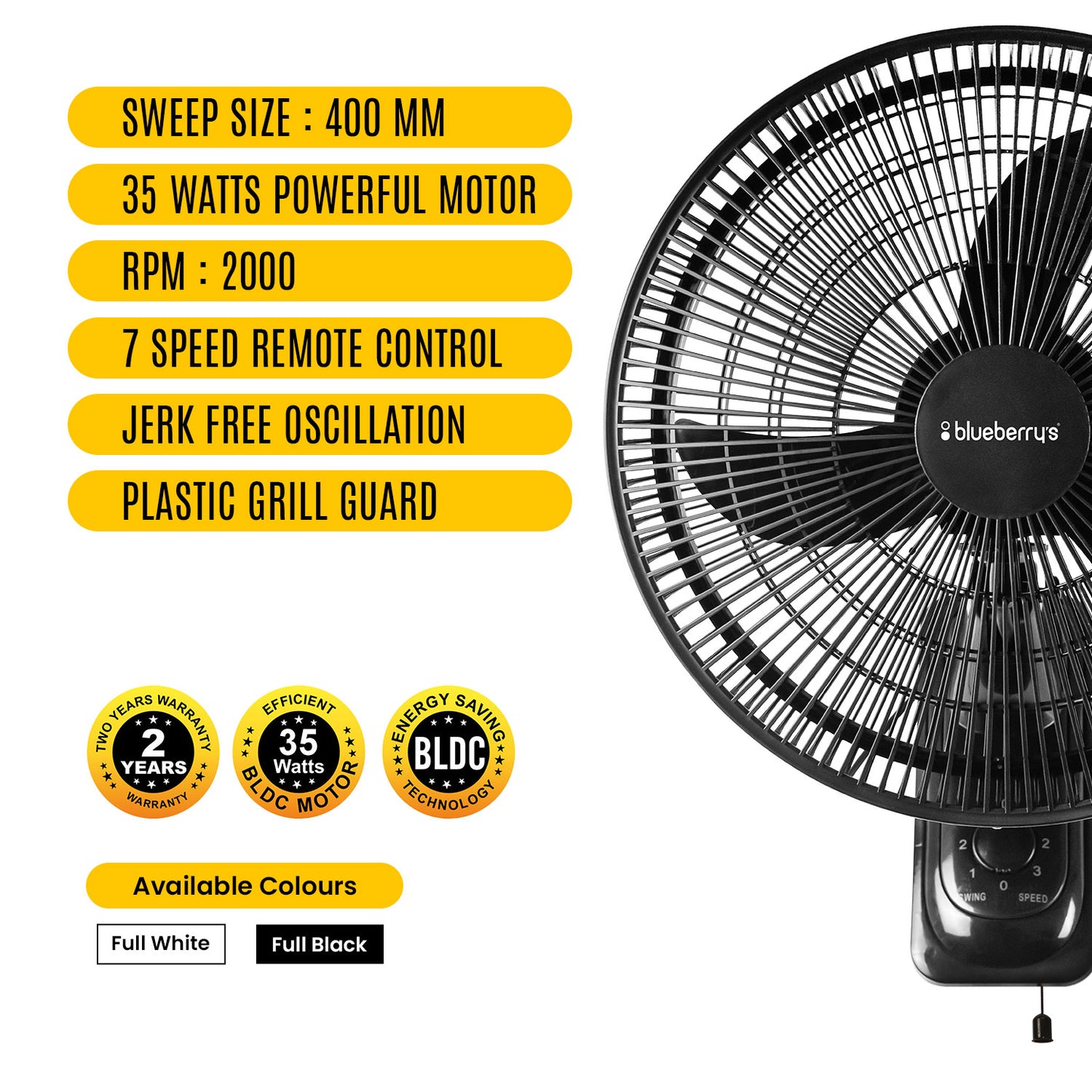 Blueberry's PRO 35-Watts 400-mm 16" 3-Blade BLDC Wall Fan with Smart Remote