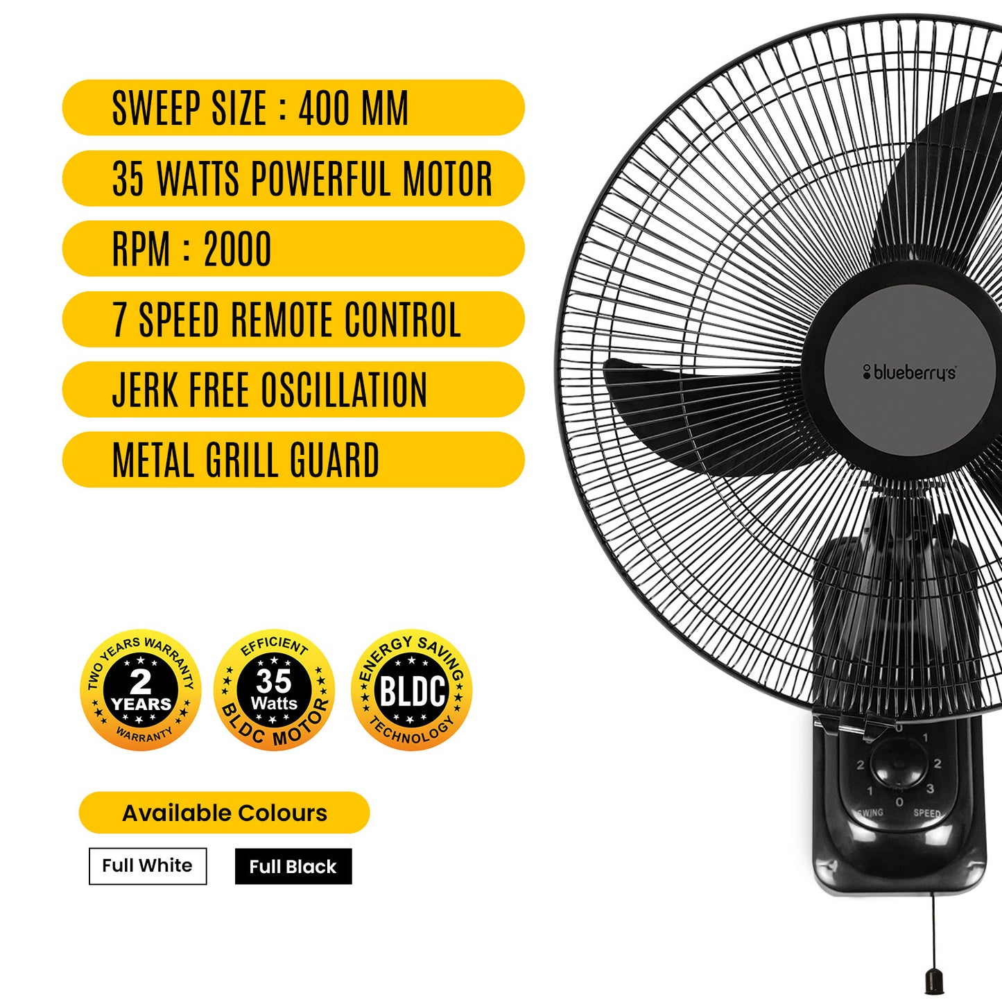 Blueberry's PRO 35-Watts 400-mm 16" 3-Blade BLDC Wall Fan with Smart Remote