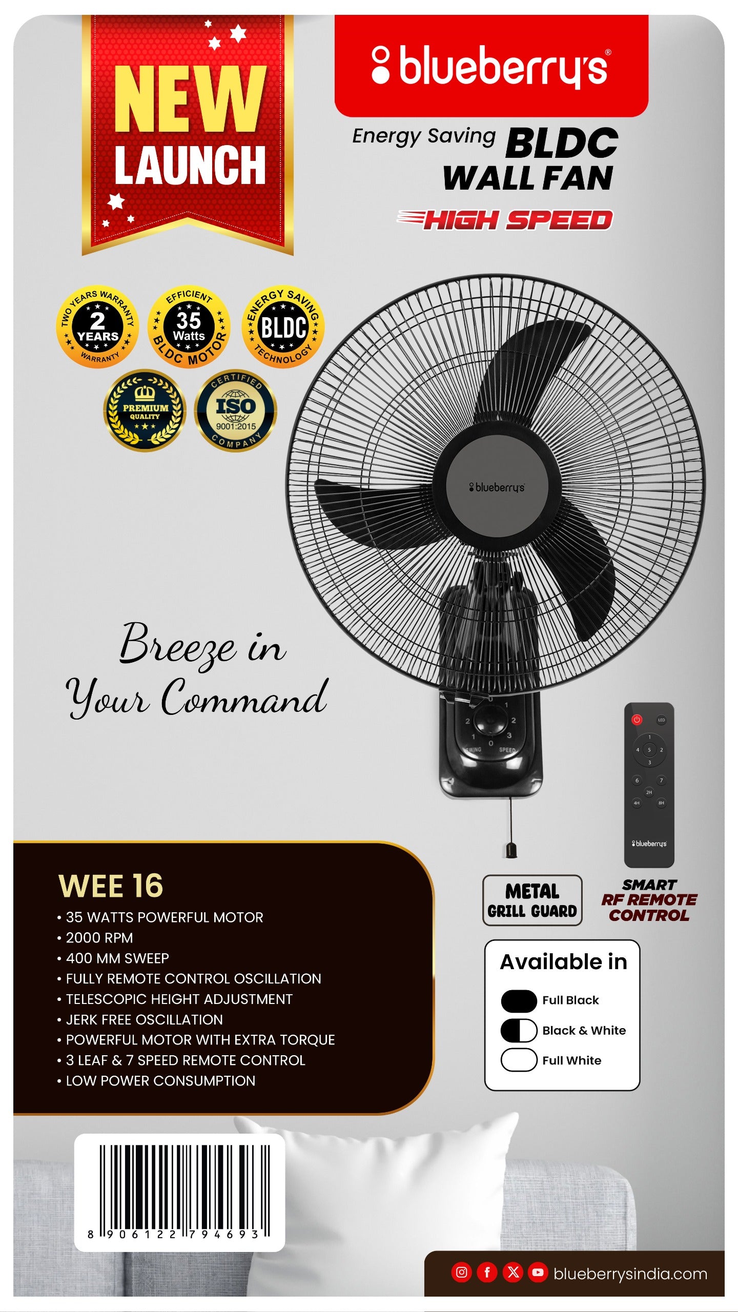 Blueberry's 35-Watts 400-mm 16" 3-Metal Leaf BLDC Wall Fan with Remote
