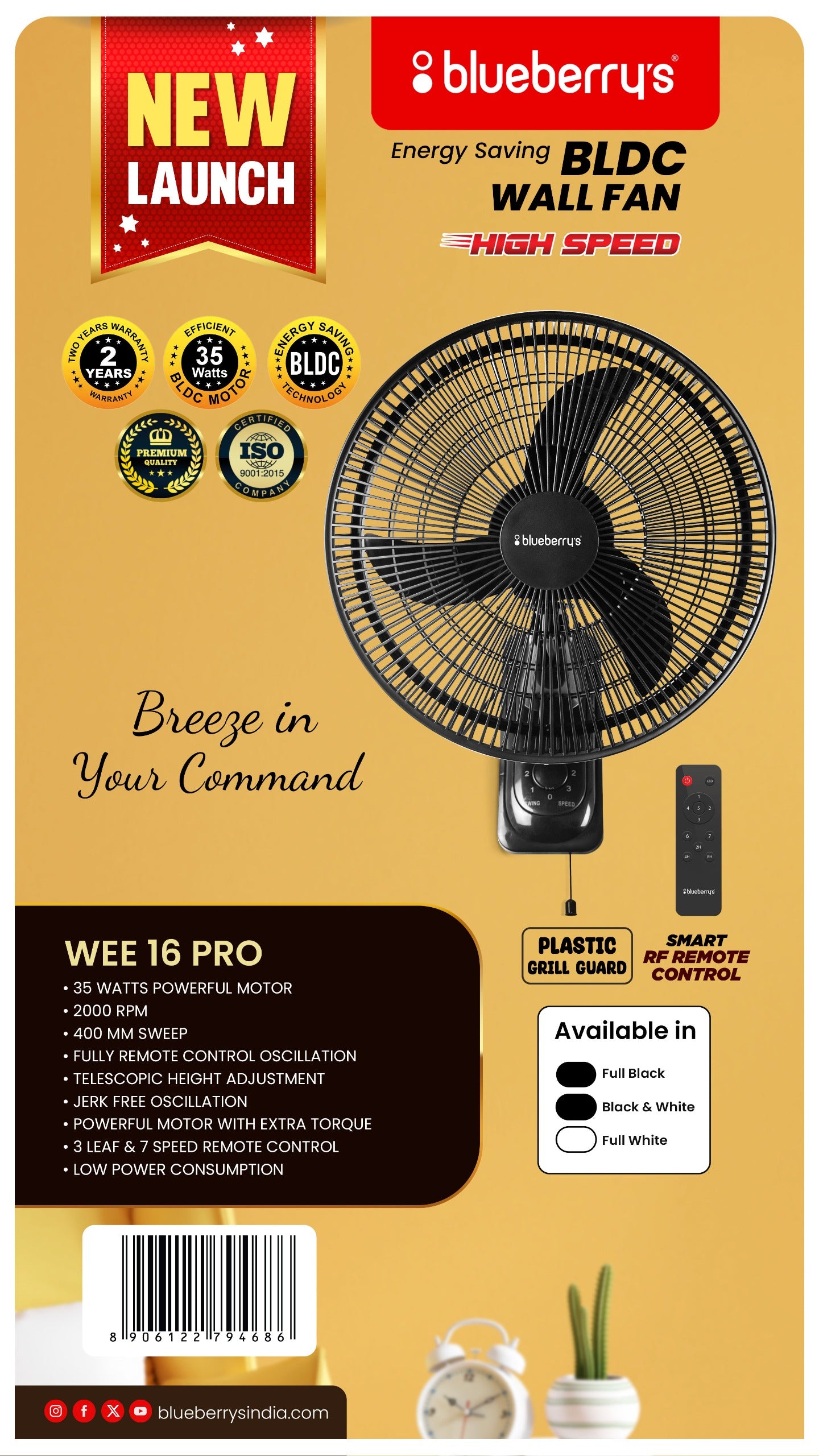 Blueberry's 35-Watts 400-mm 16" 3-Plastic Leaf BLDC Wall Fan with Remote