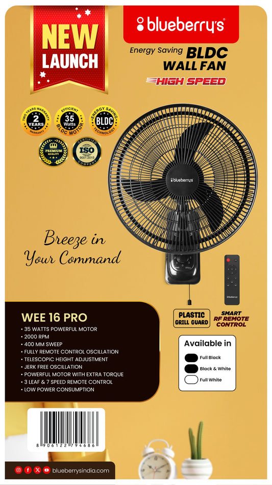 Blueberry's 35-Watts 400-mm 16" 3-Plastic Leaf BLDC Wall Fan with Remote