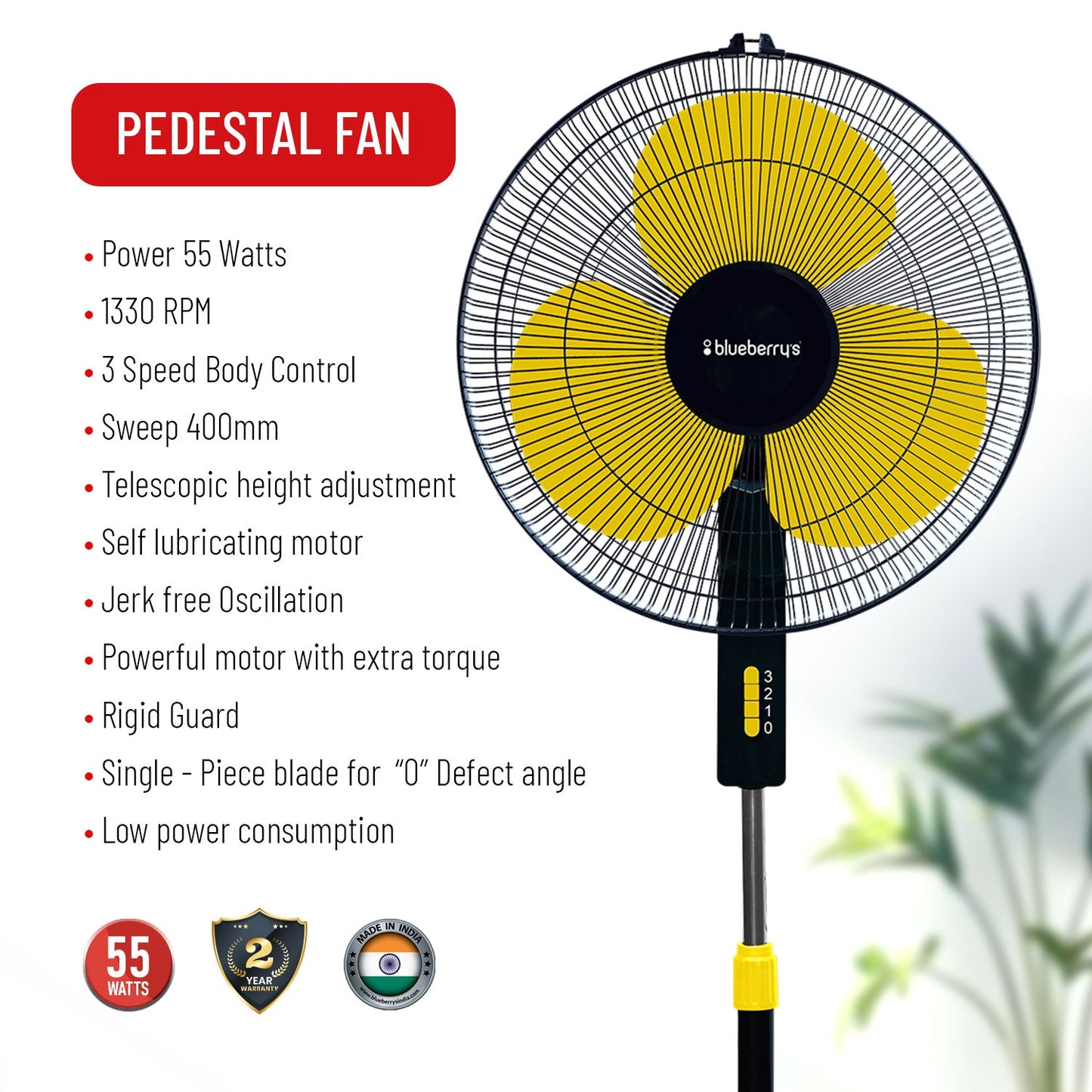Blueberry's High Speed 3-Leaf Pedestal Fan, 16" 55-Watts