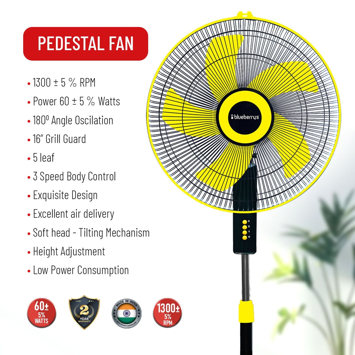 Blueberry's High Speed 16" 55-Watts Pedestal Fan