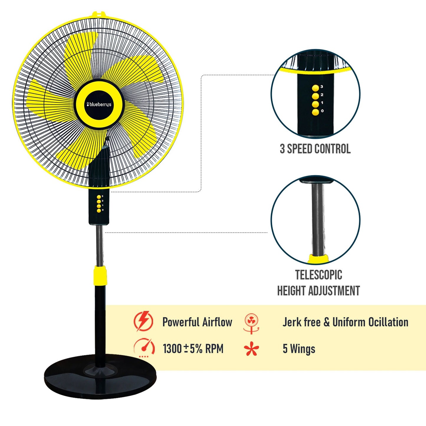 Blueberry's High Speed 16" 55-Watts Pedestal Fan