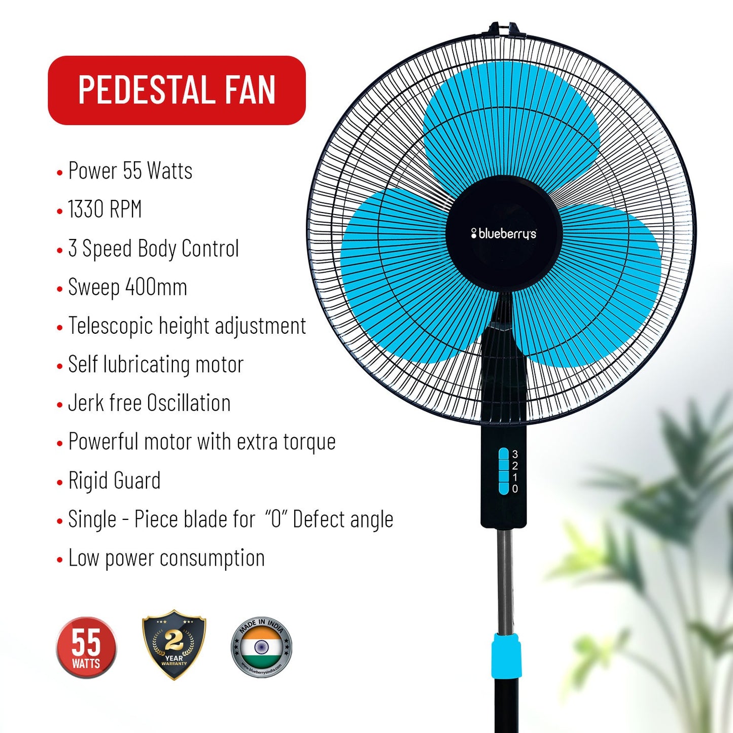 Blueberry's High Speed 3-Leaf Pedestal Fan, 16" 55-Watts