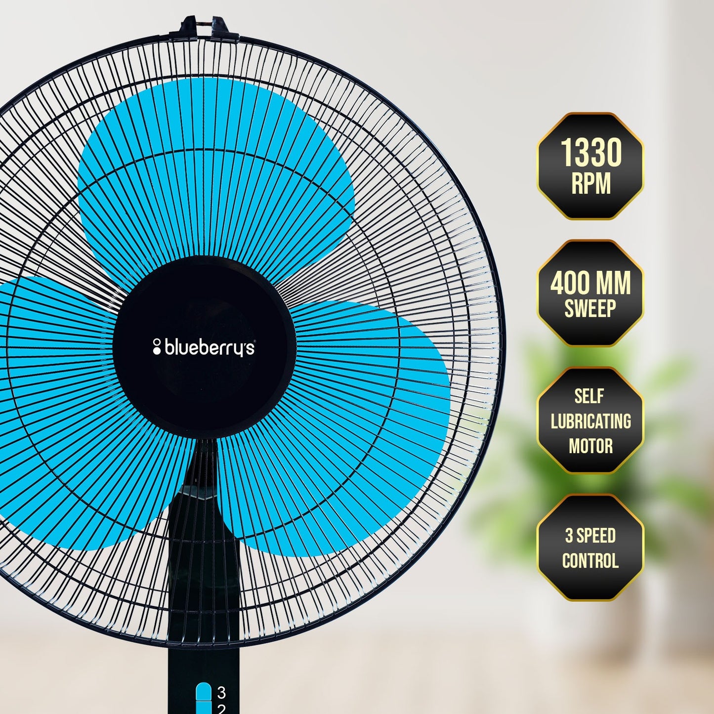 Blueberry's High Speed 3-Leaf Pedestal Fan, 16" 55-Watts