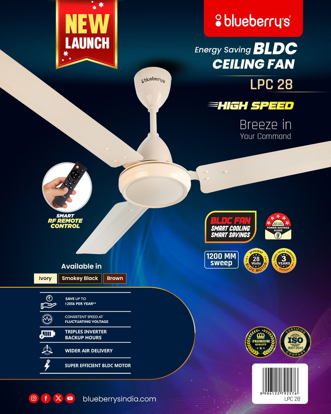 Blueberry's 1200mm BLDC Ceiling Fan with Remote Control, BEE 5-Star Rated