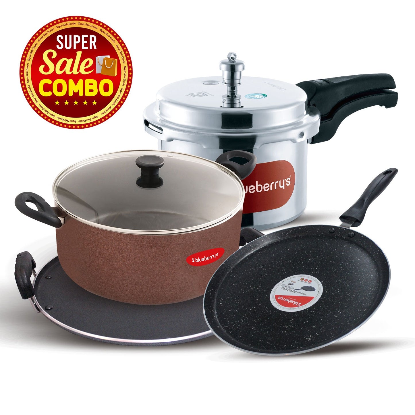 Blueberry's Super Combo 8-Ltr Biriyani Pot, 32-cm Pathiri Tawa, 5-Ltr Pressure Cooker, 28-cm Tawa Pan