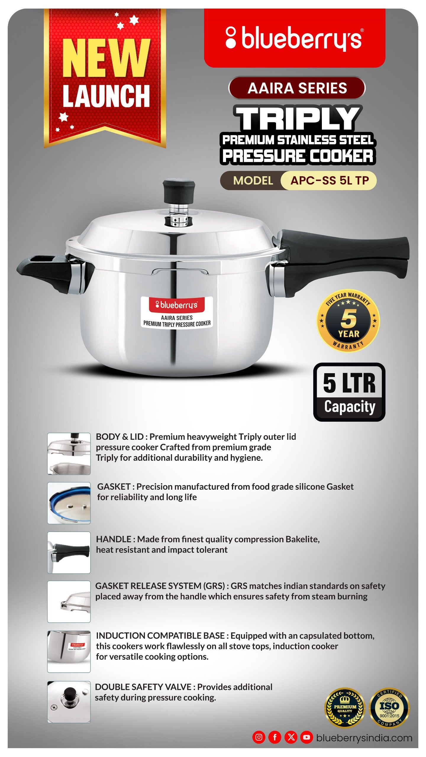 Blueberry's Premium Triply Stainless Steel 3-Liter Pressure Cooker