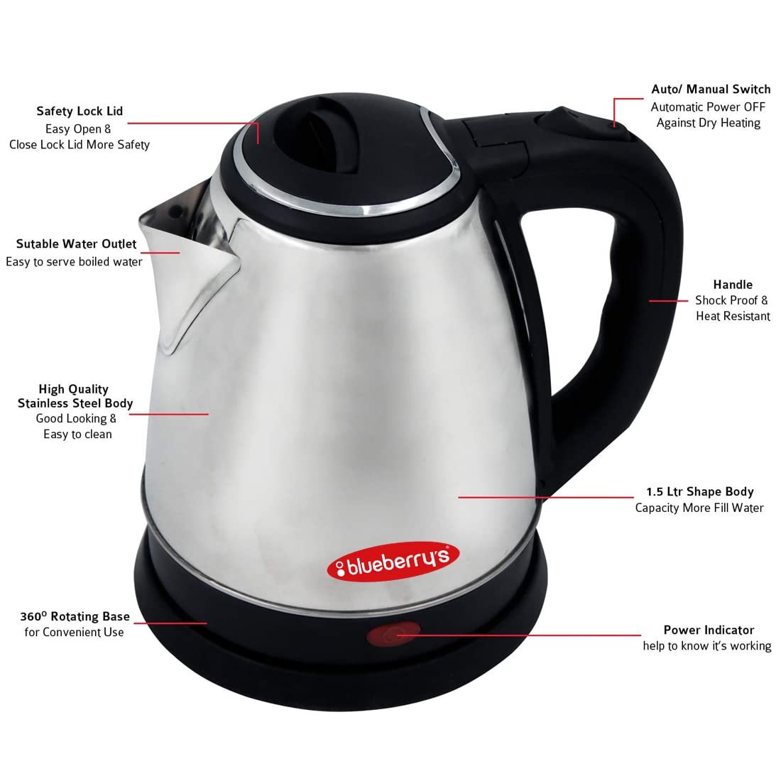 Buy Blueberry’s Premium 1.5 Liter 1500 Watt Stainless Steel Electric