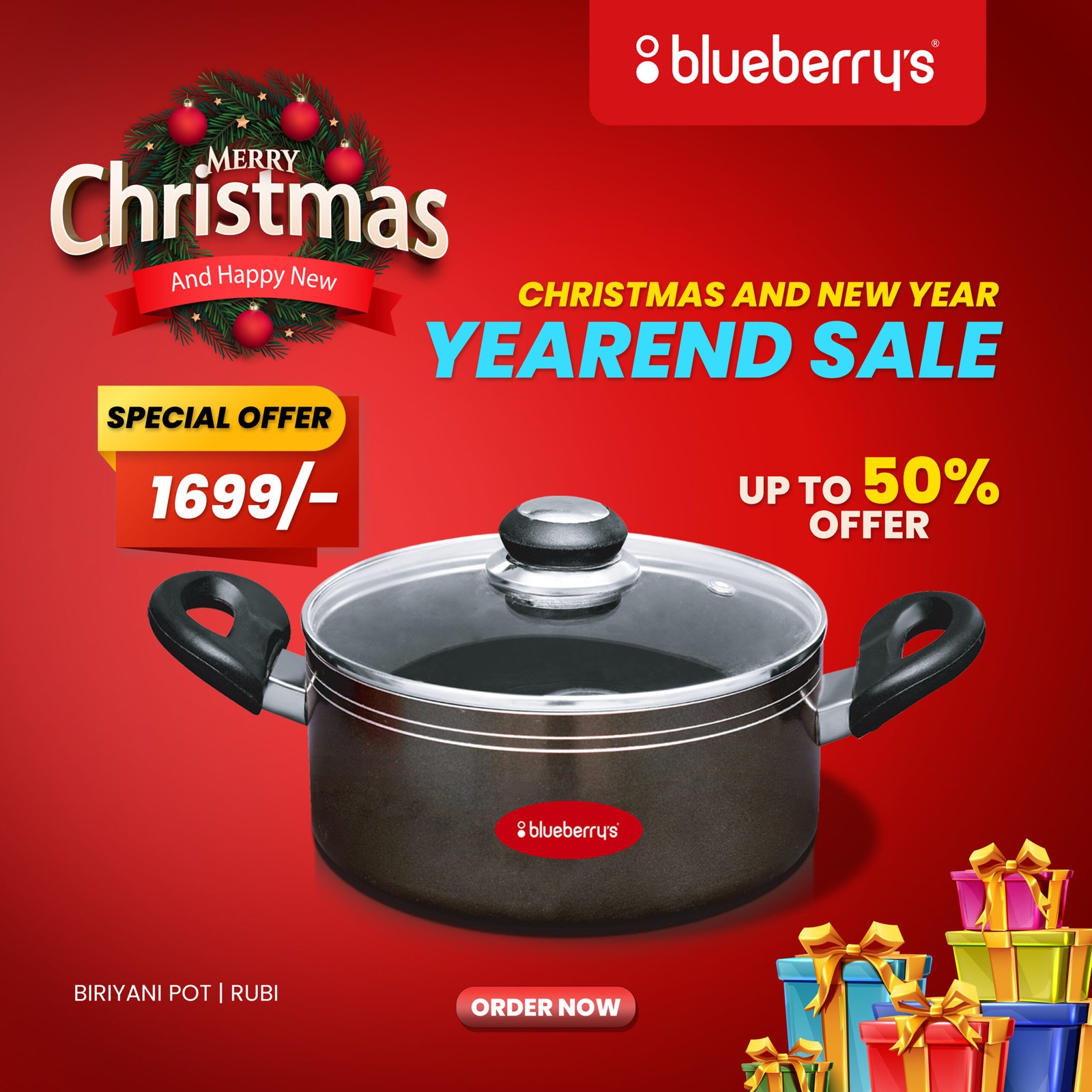 Buy Blueberrys 8 Litre Non-Stick Biriyani Pot With Glass Lid (Ruby